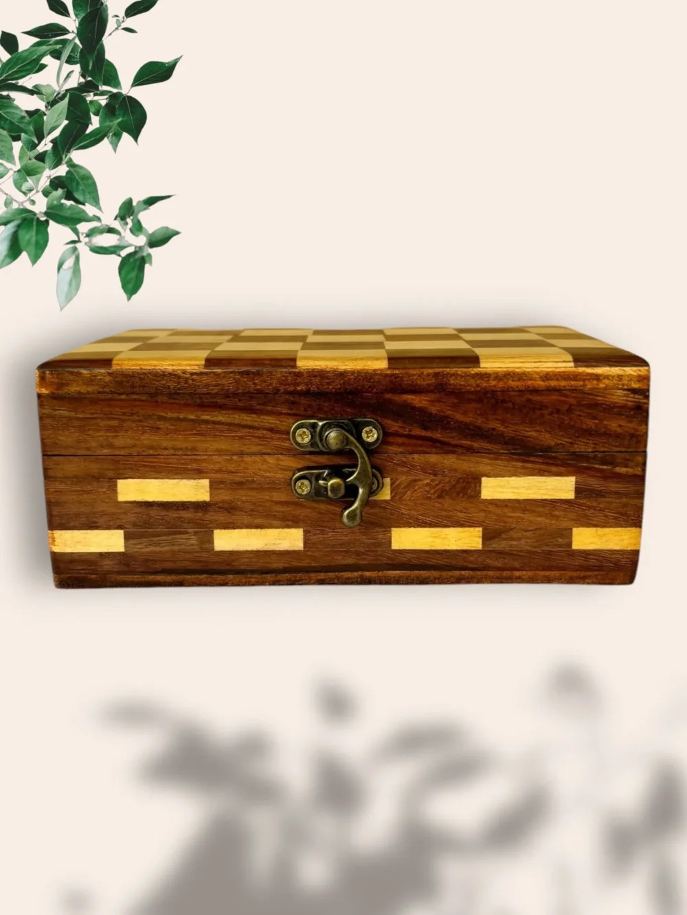 Wooden Checker Pattern Jewelry Box with Lock